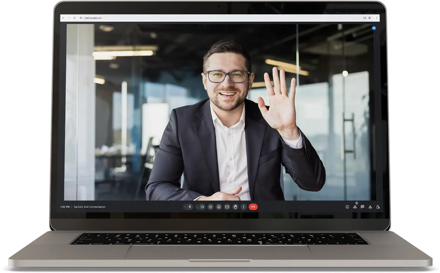 man in suit on computer screen waving