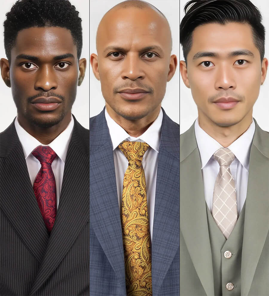 busts of three men in different style suits