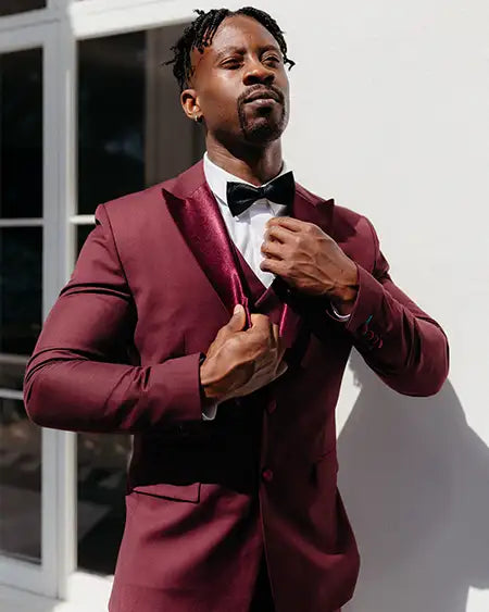 customer in burgundy tuxedo