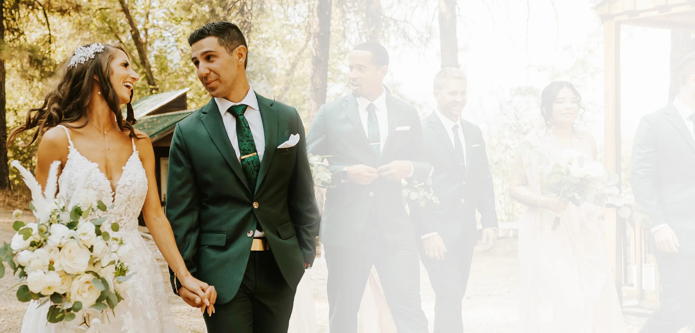 bride and groom in green suit