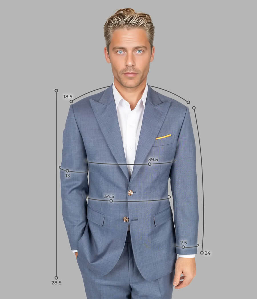 model in blue suit with measurement graphics around his body