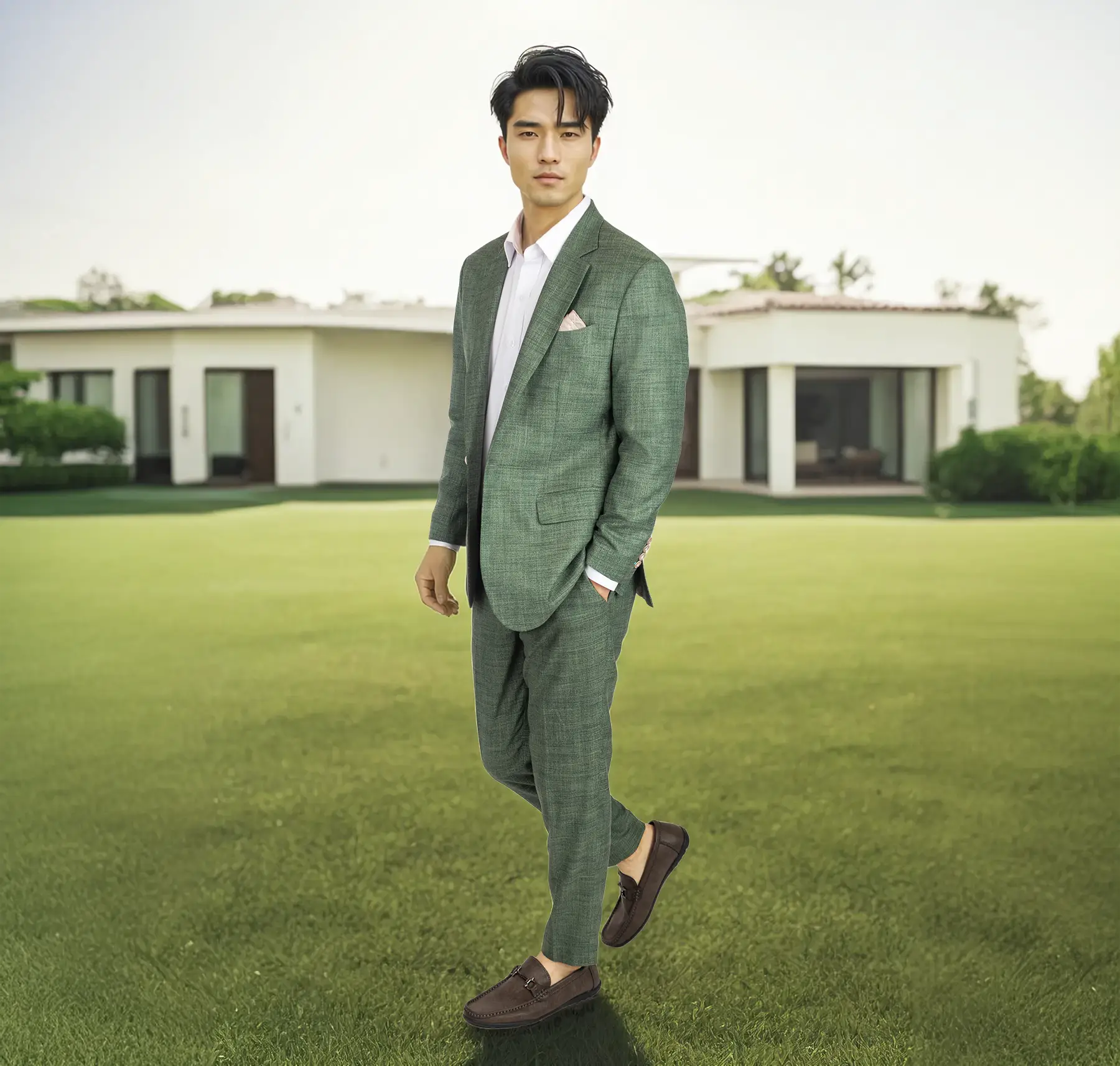 modle in green bamboo suit standing outside on lawn