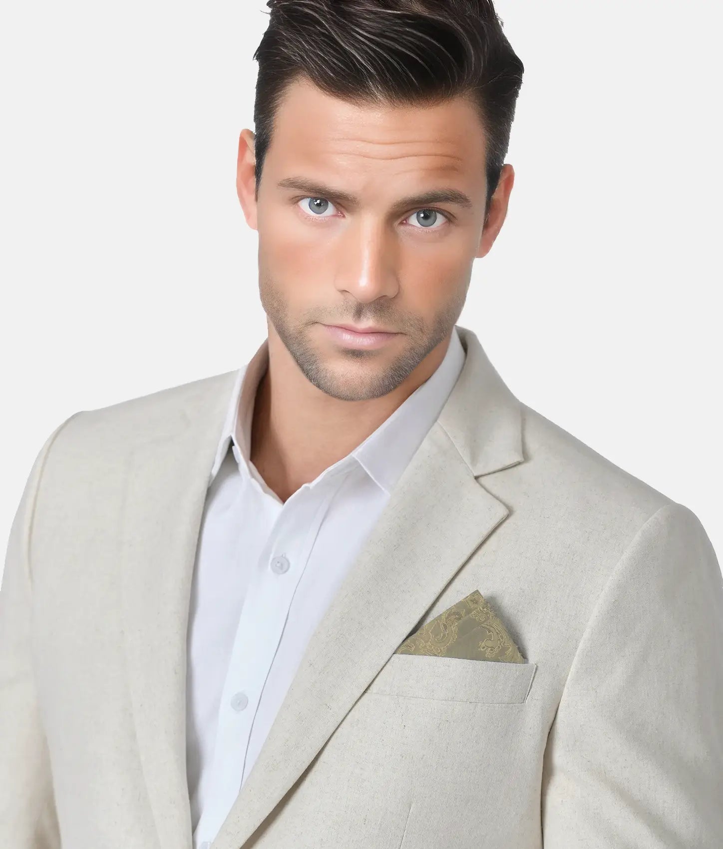 sand linen suit on model