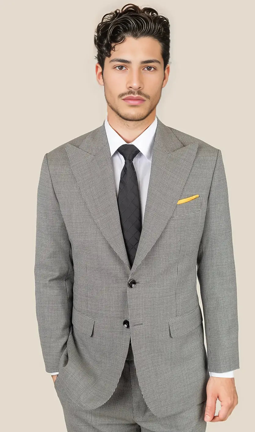 grey houndstooth suit on model