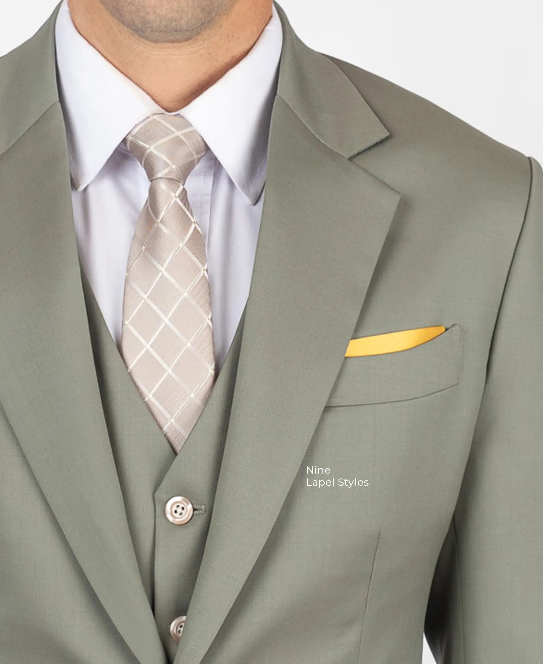 close up of sage green three piece suit