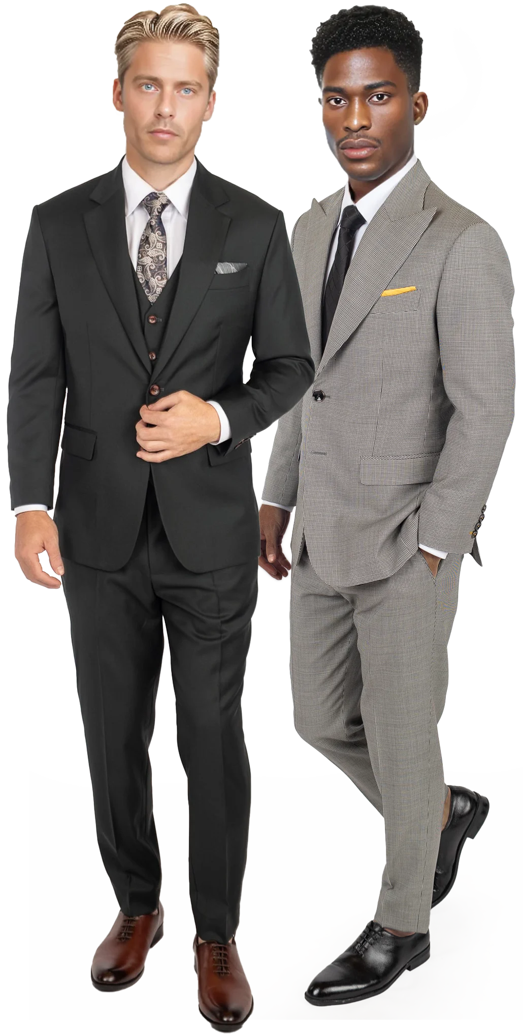 model in dark green suit next to model in grey suit