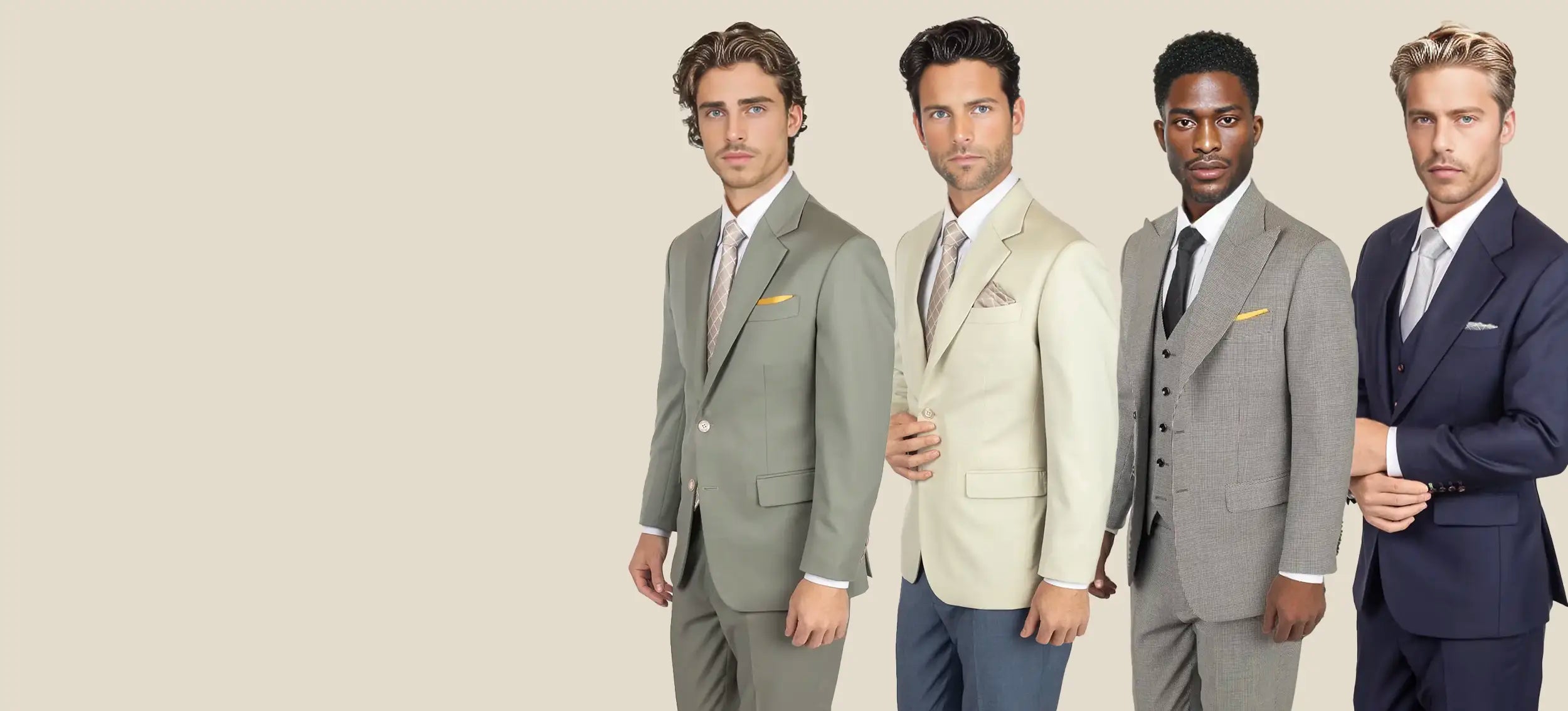 four models in suits -  sage, ivory, grey and blue