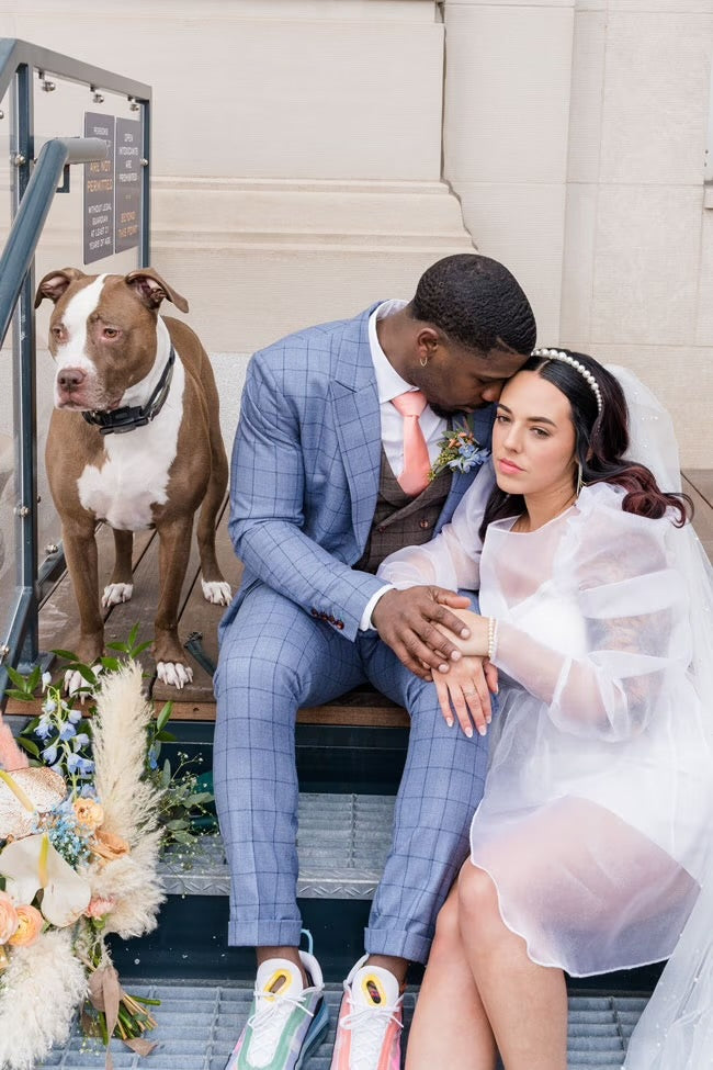 bride and groom sitting on step with their dog