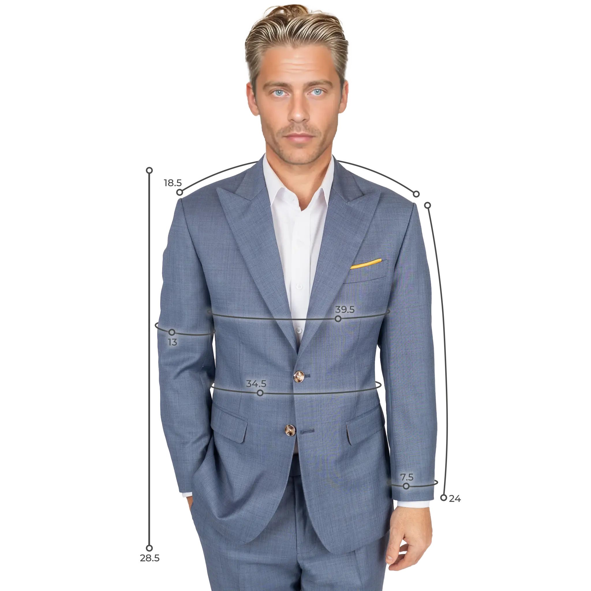 man in vista blue suit with measurement graphics illustrating where various measurements are taken for a custom suit.