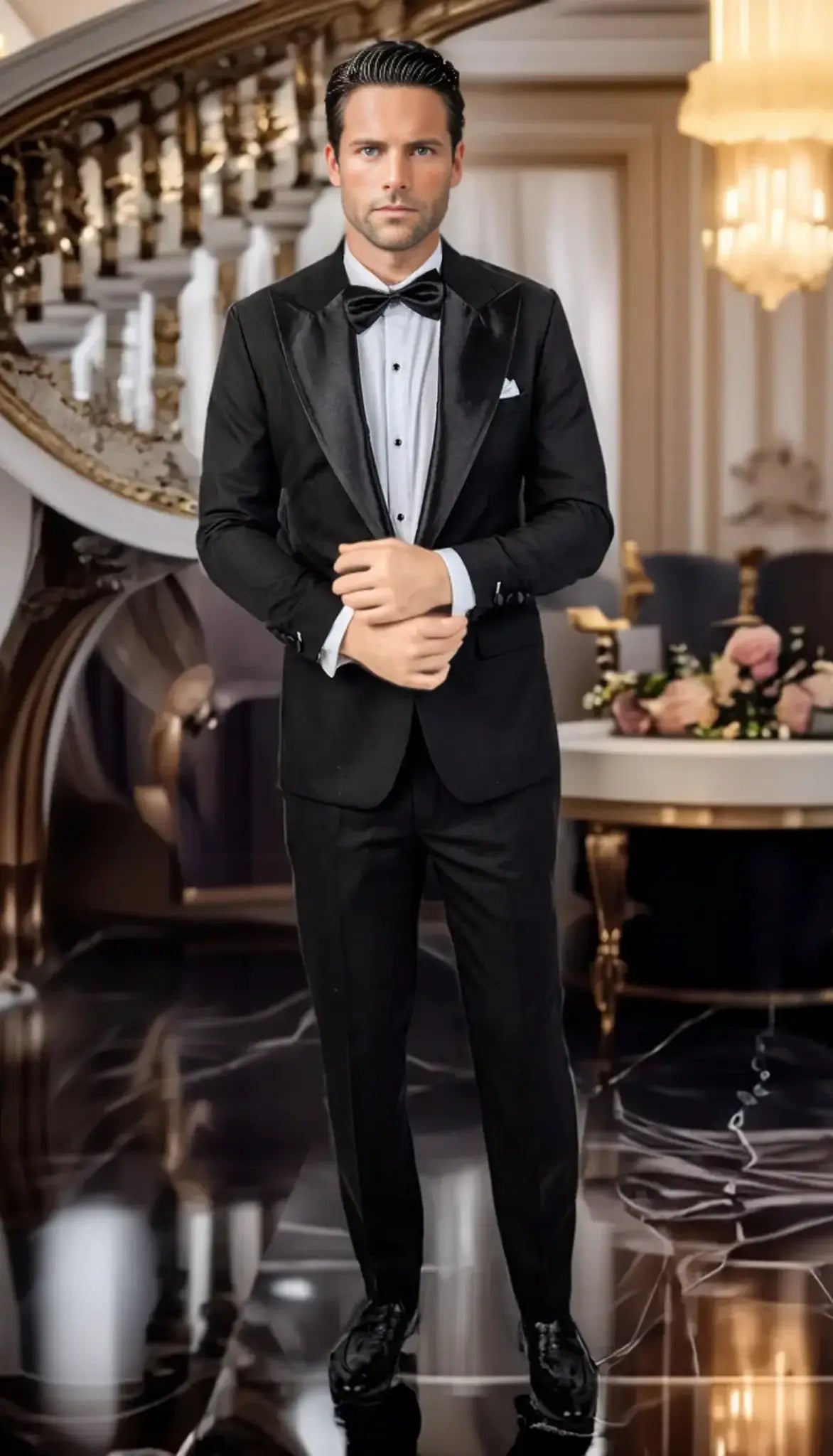 man in black tuxedo in ballroom