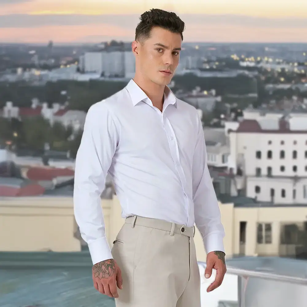 model in white shirt on rooftop