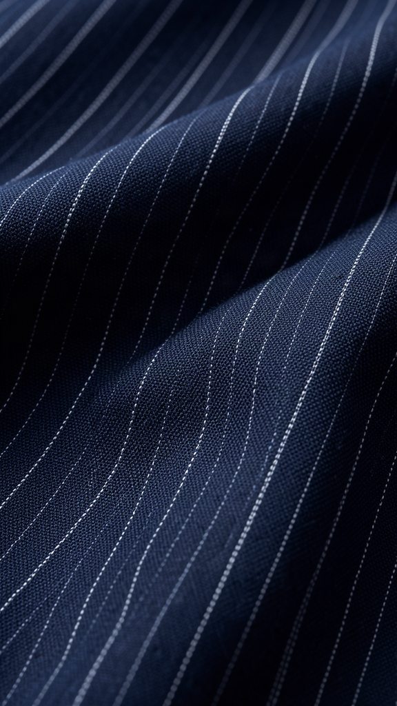 Close-up of navy high-twist worsted wool with a fine chalk pinstripe, the crease-resistant travel cloth Holland & Sherry is known for