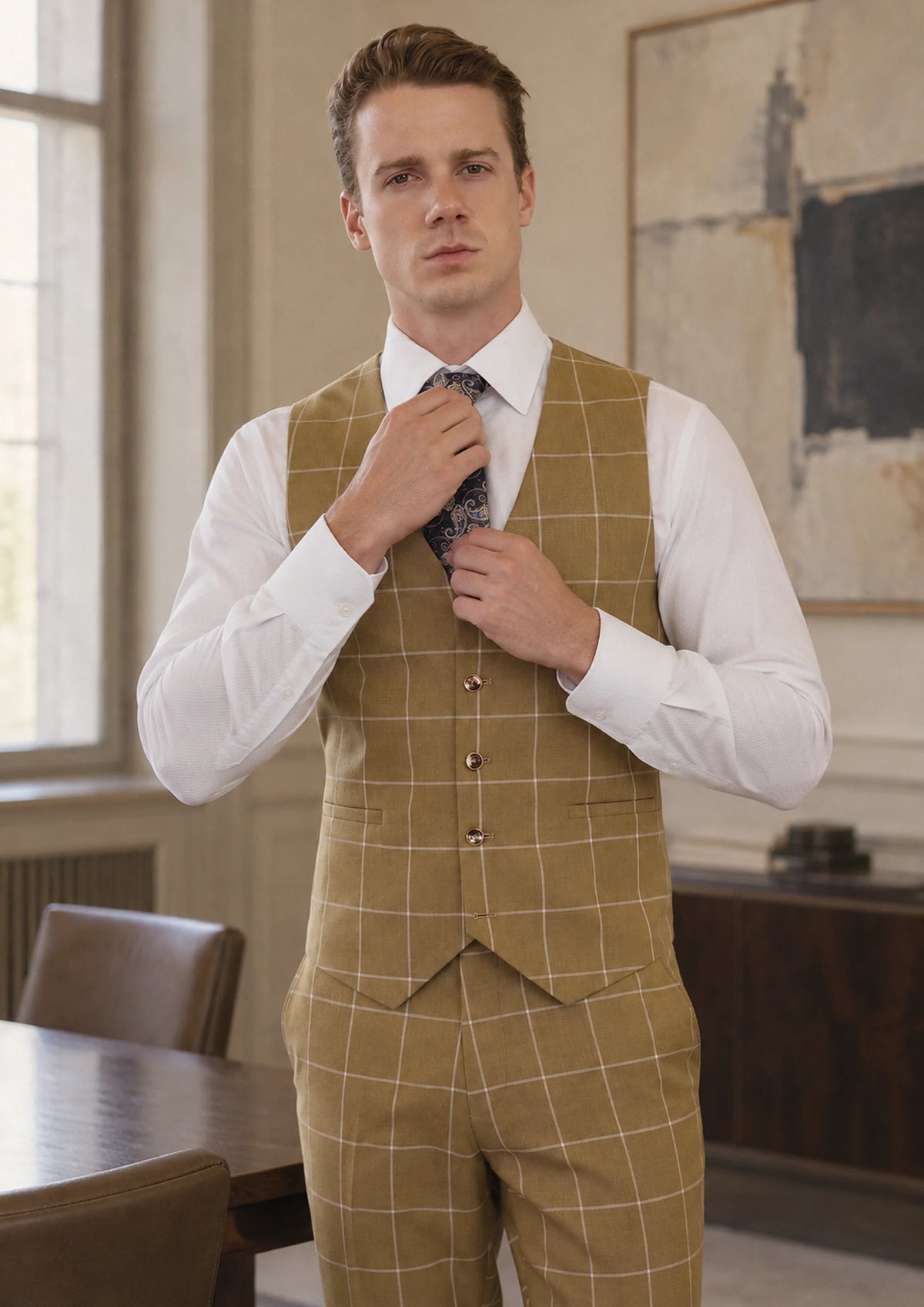 Gold Windowpane Vest worn by a model, private bank meeting room860