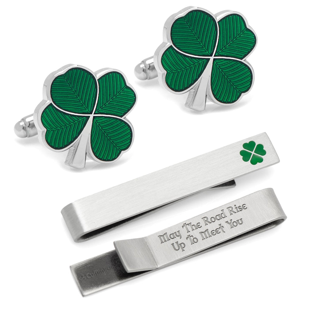 Green Clover Cufflinks and Tie Bar Gift Set528