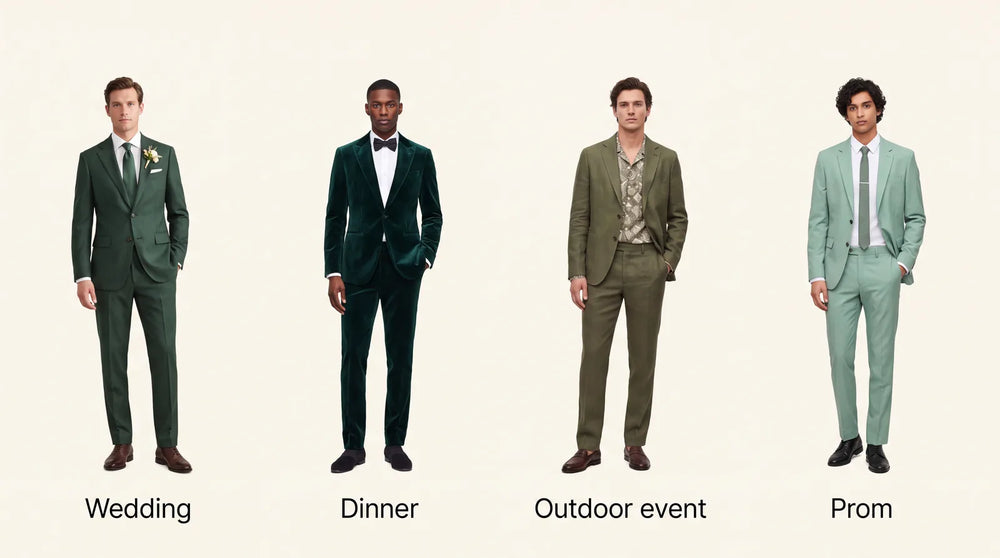 Green suits by occasion: wedding, dinner, outdoor event, and prom