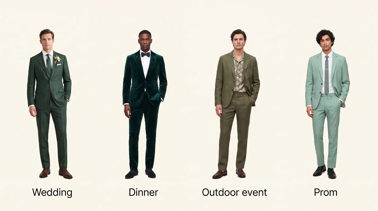 Green suits by occasion: wedding, dinner, outdoor event, and prom
