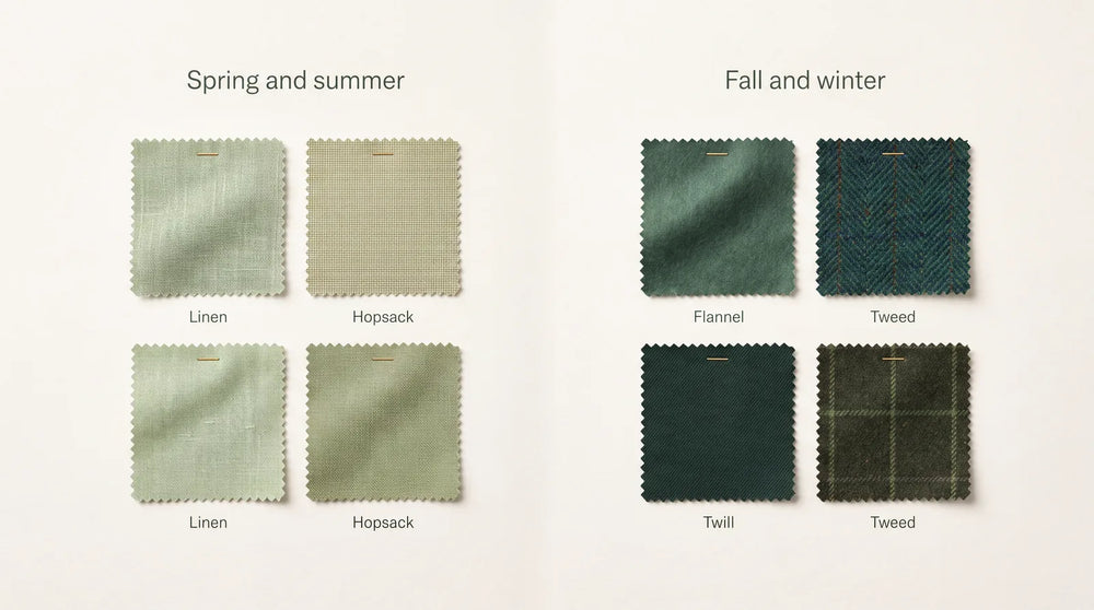 Green suit fabrics by season: linen and hopsack for summer, flannel, tweed, and twill for winter