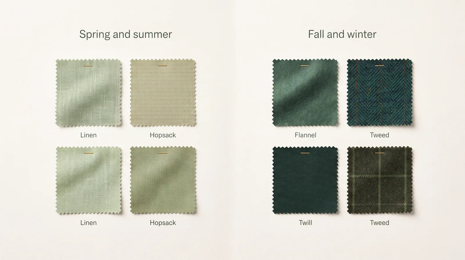Green suit fabrics by season: linen and hopsack for summer, flannel, tweed, and twill for winter