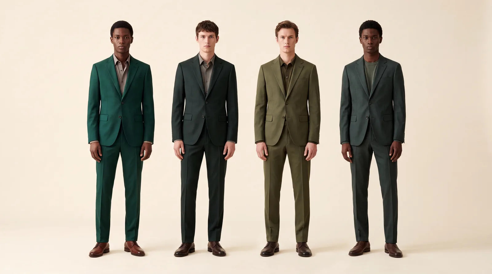 Four men in green suits in emerald, dark green, olive, and forest shades