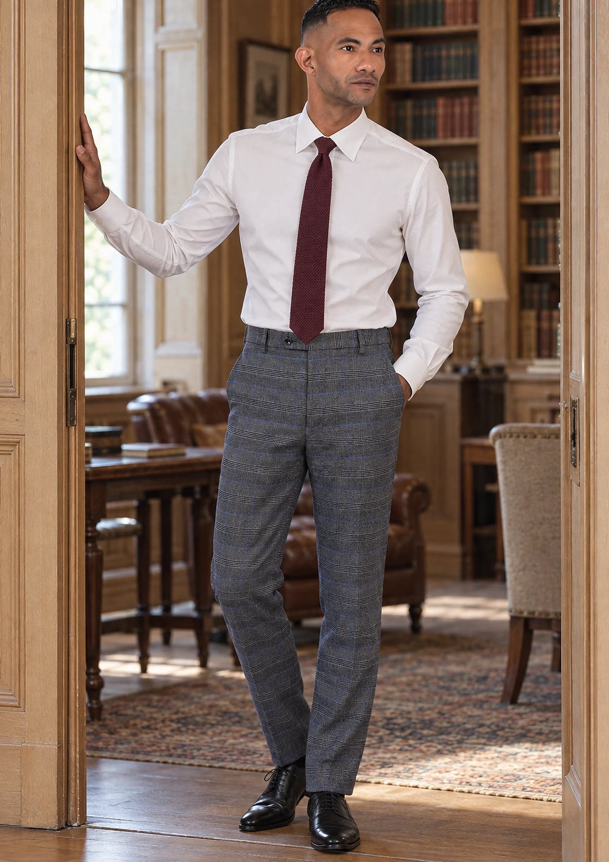 Dark Grey Prince of Wales Pants worn by a model, club reading room107