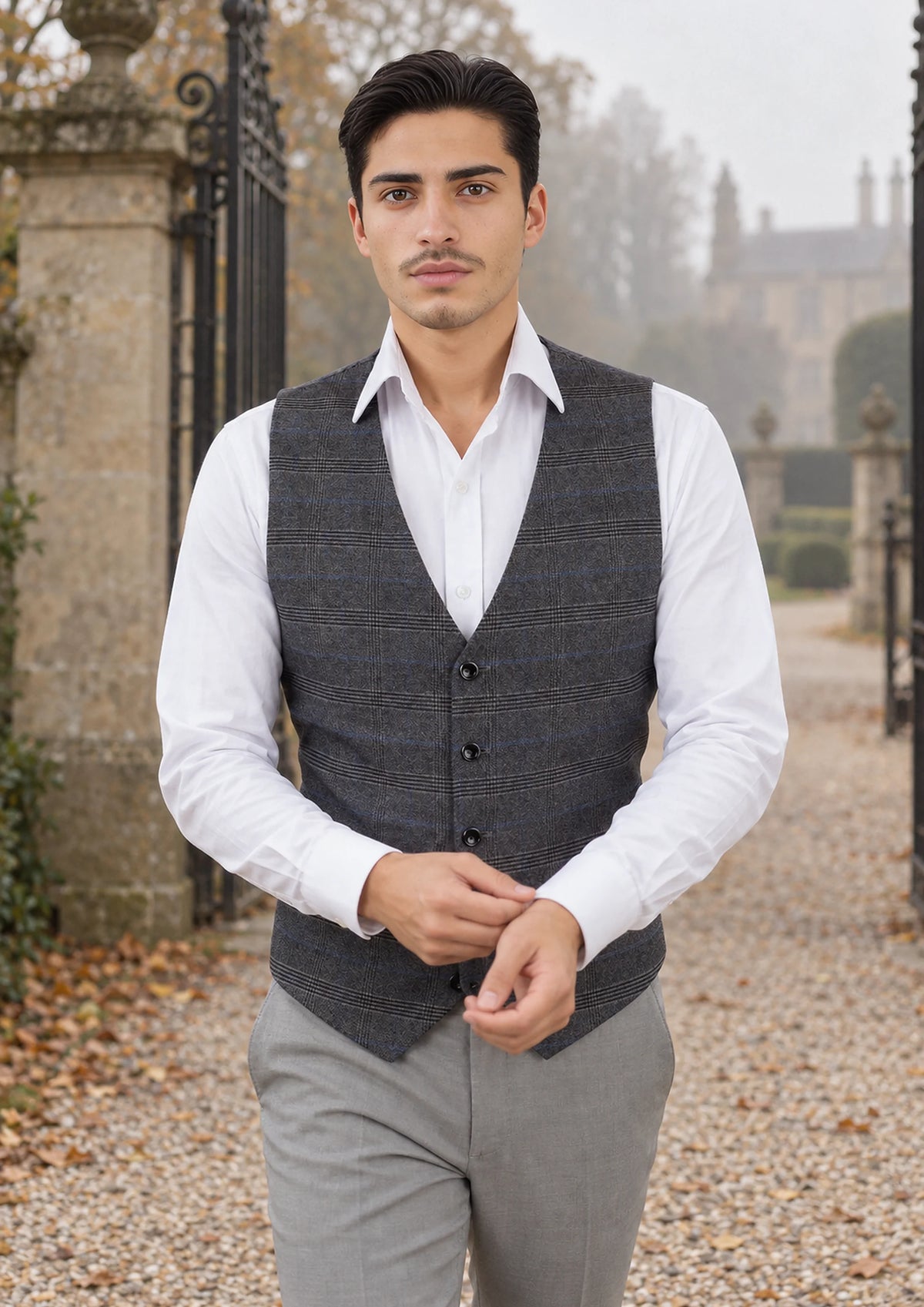 Dark Grey Prince of Wales Vest worn by a model, estate gravel drive53