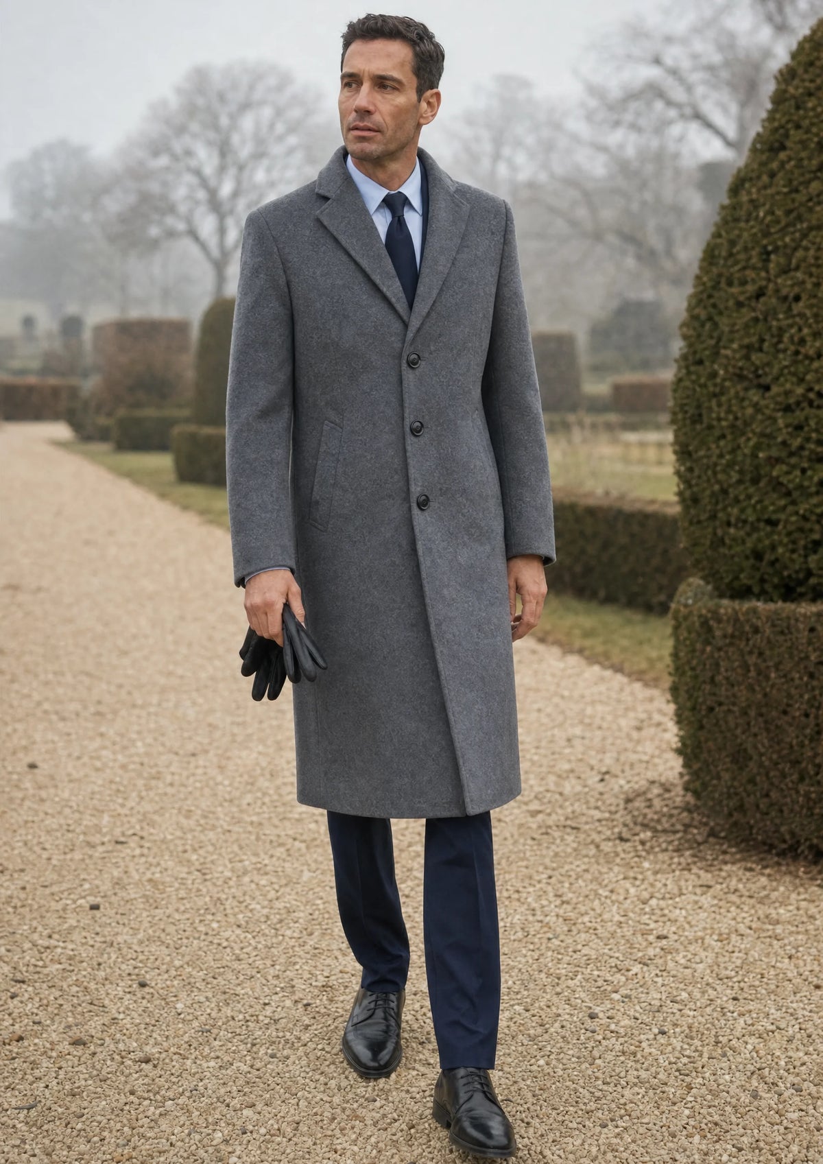 Grey Wool Classic Long Overcoat worn over a casual outfit in a lifestyle setting917