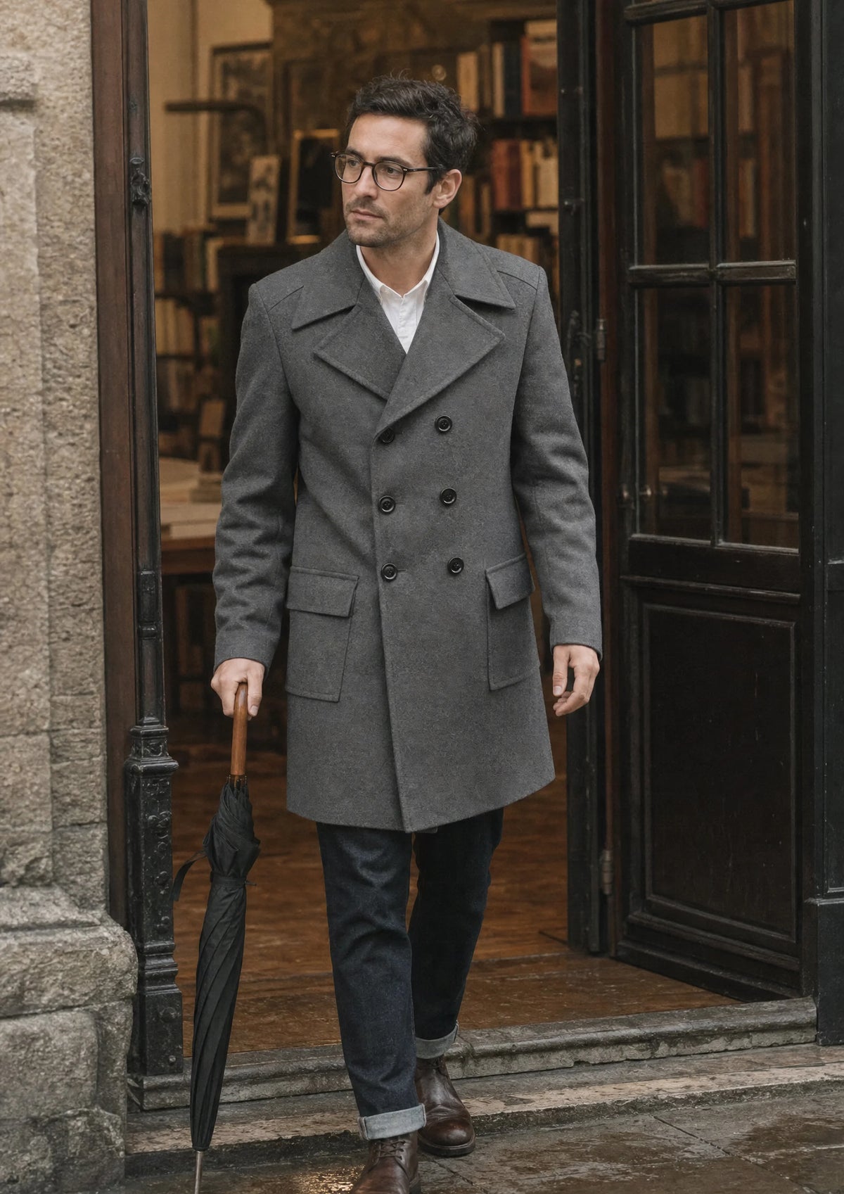 Grey Wool Signature Peacoat worn over a casual outfit in a lifestyle setting629