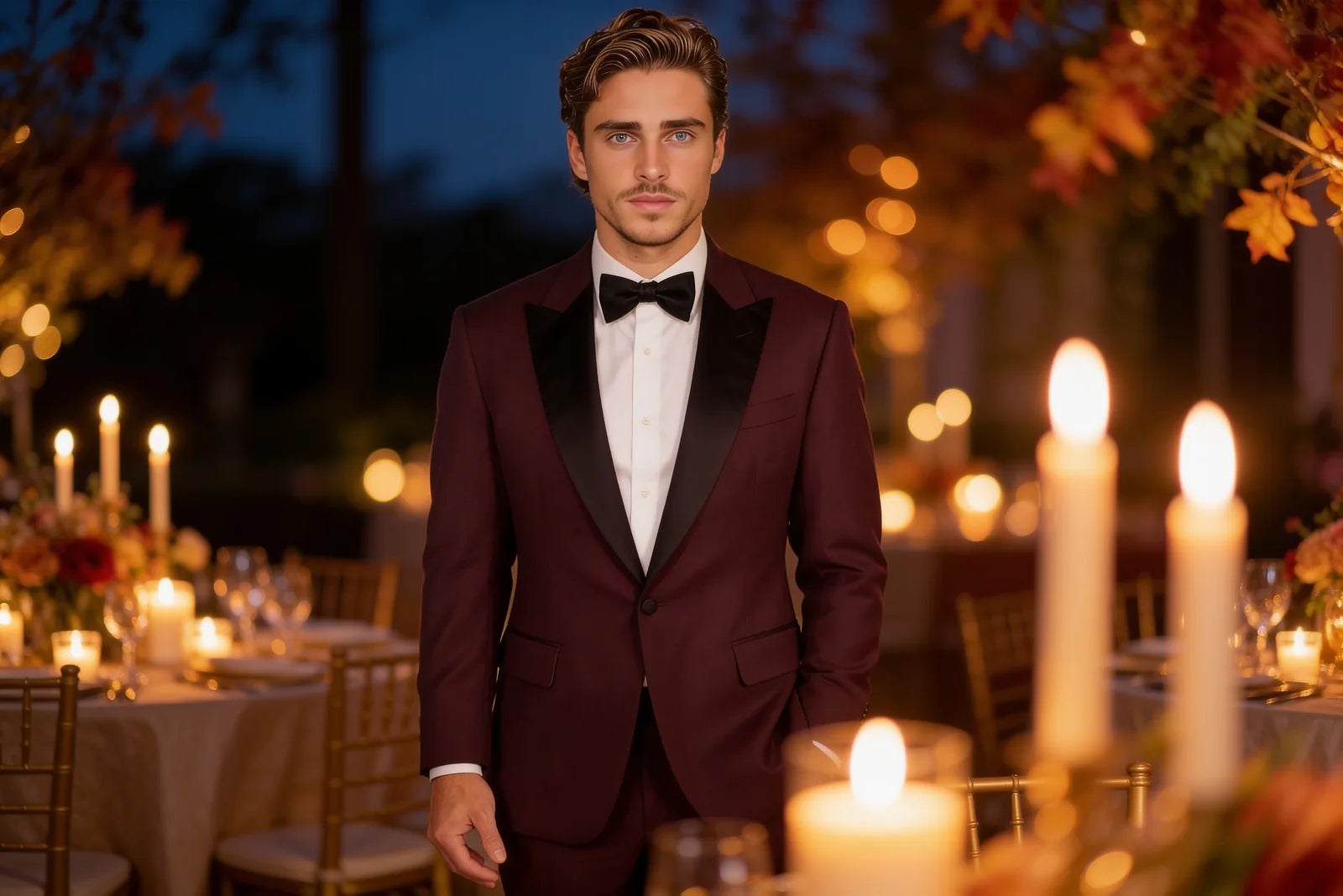 Groom in a burgundy dinner jacket with a black bow tie at a candle-lit evening reception
