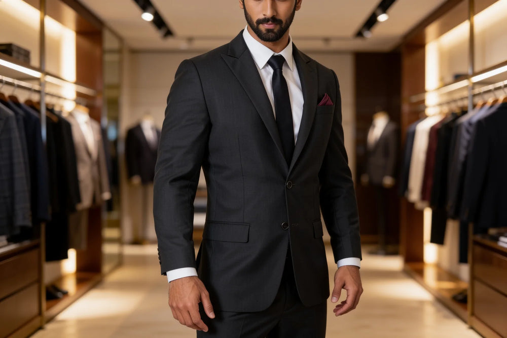 Man in a charcoal suit in a menswear showroom