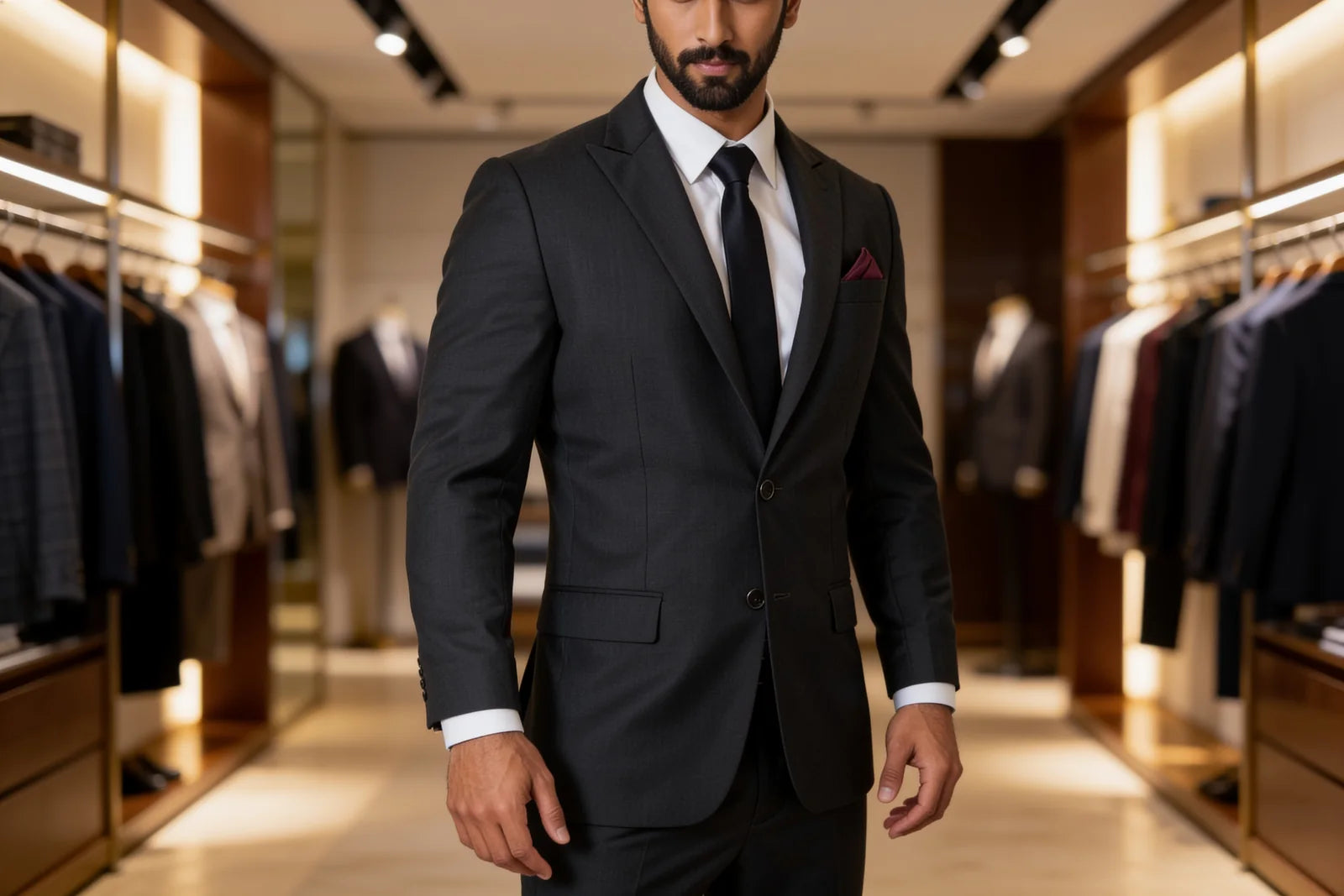 Man in a charcoal suit in a menswear showroom