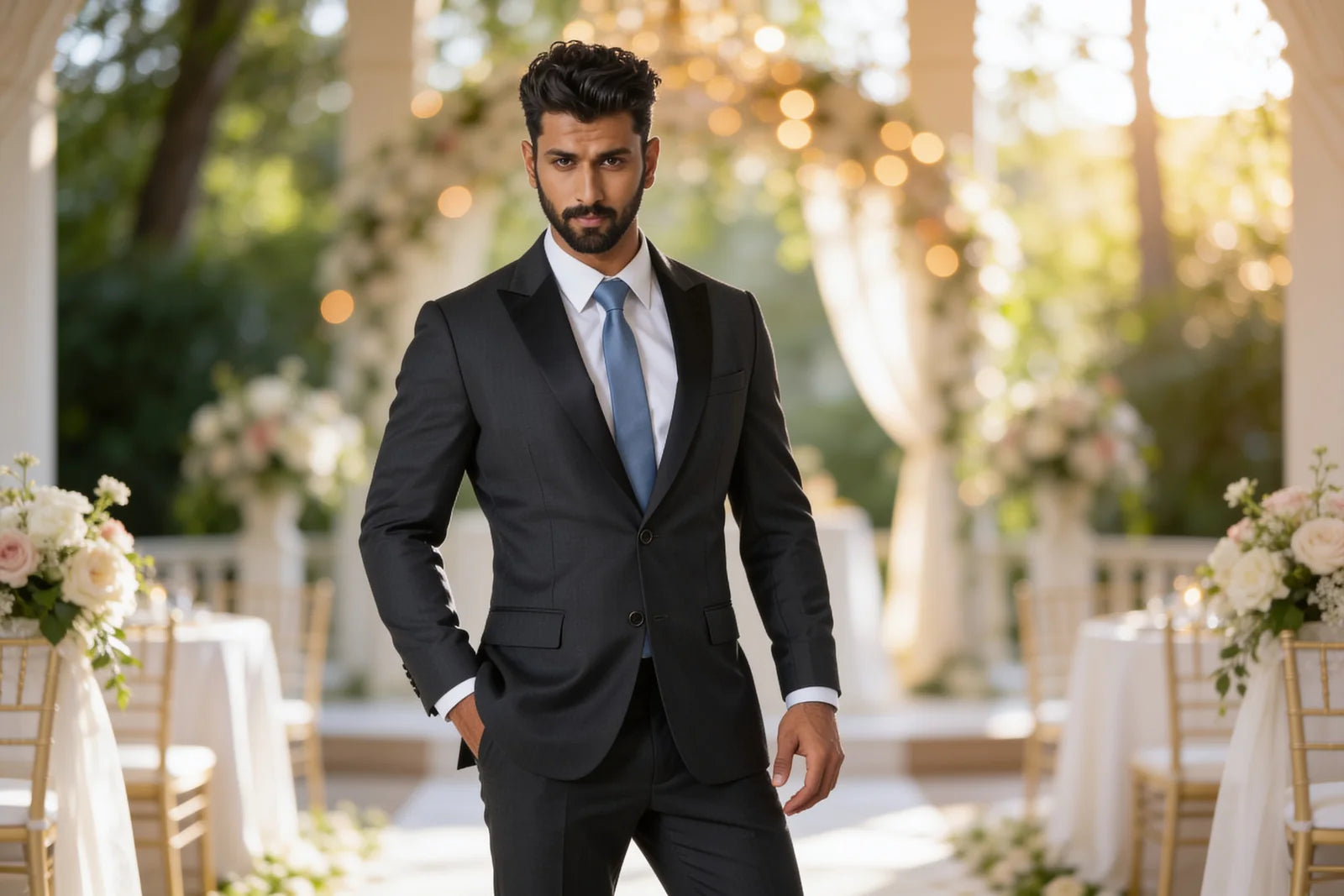 Groomsman in a charcoal grey suit at an outdoor wedding ceremony