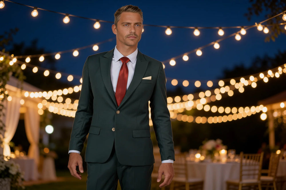 Groomsman in a green suit at an evening wedding celebration