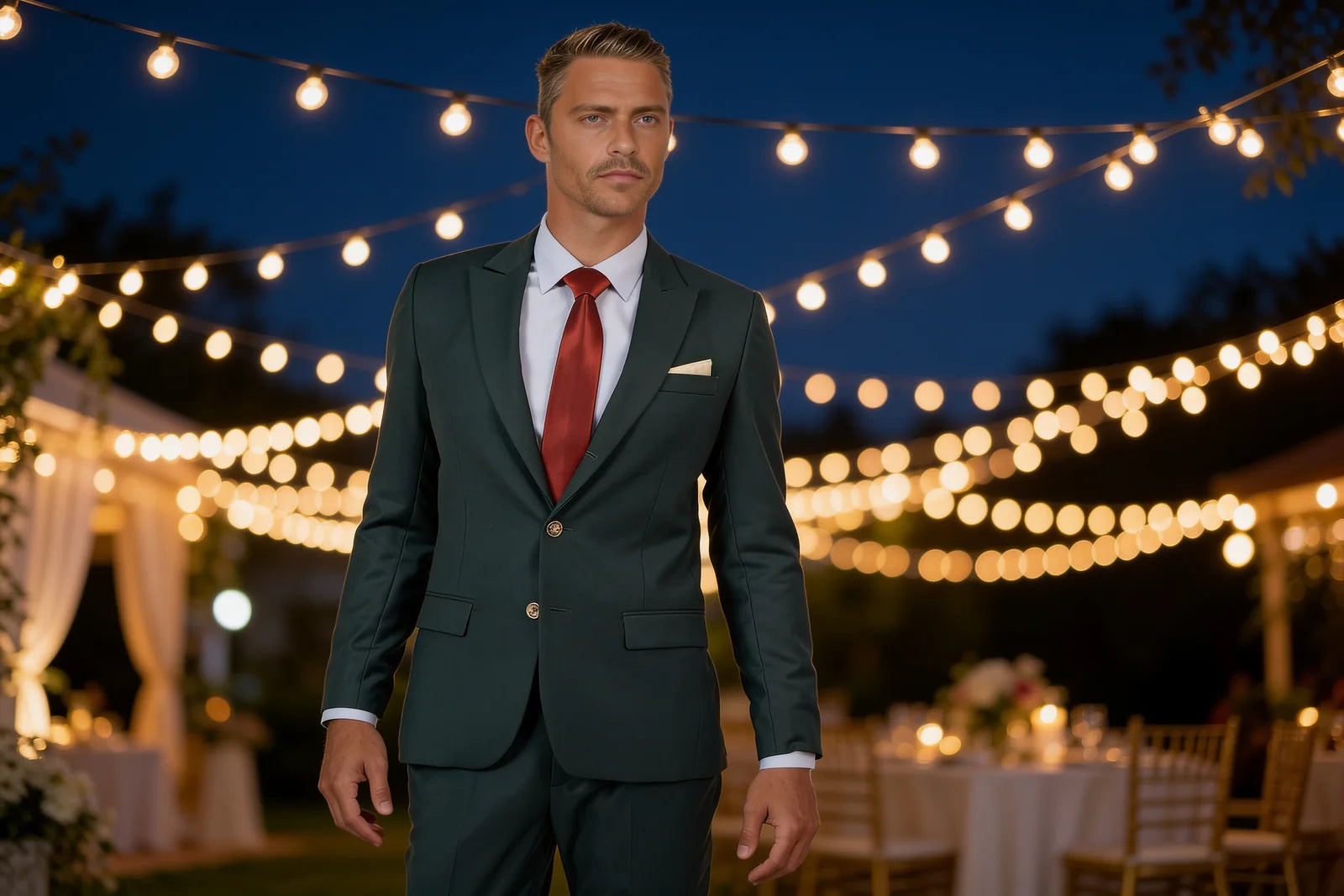 Groomsman in a green suit at an evening wedding celebration