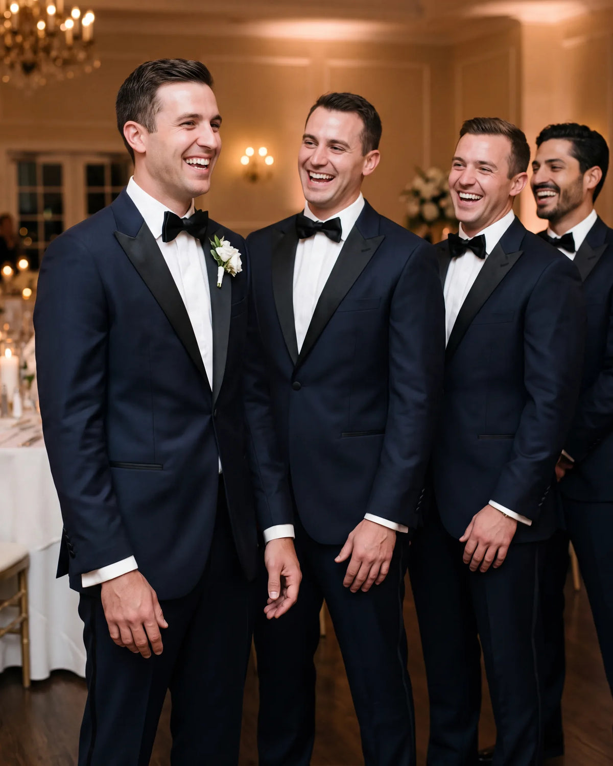 In the wedding party? Match the groom, since groomsmen usually wear the same tuxedo or suit he does.