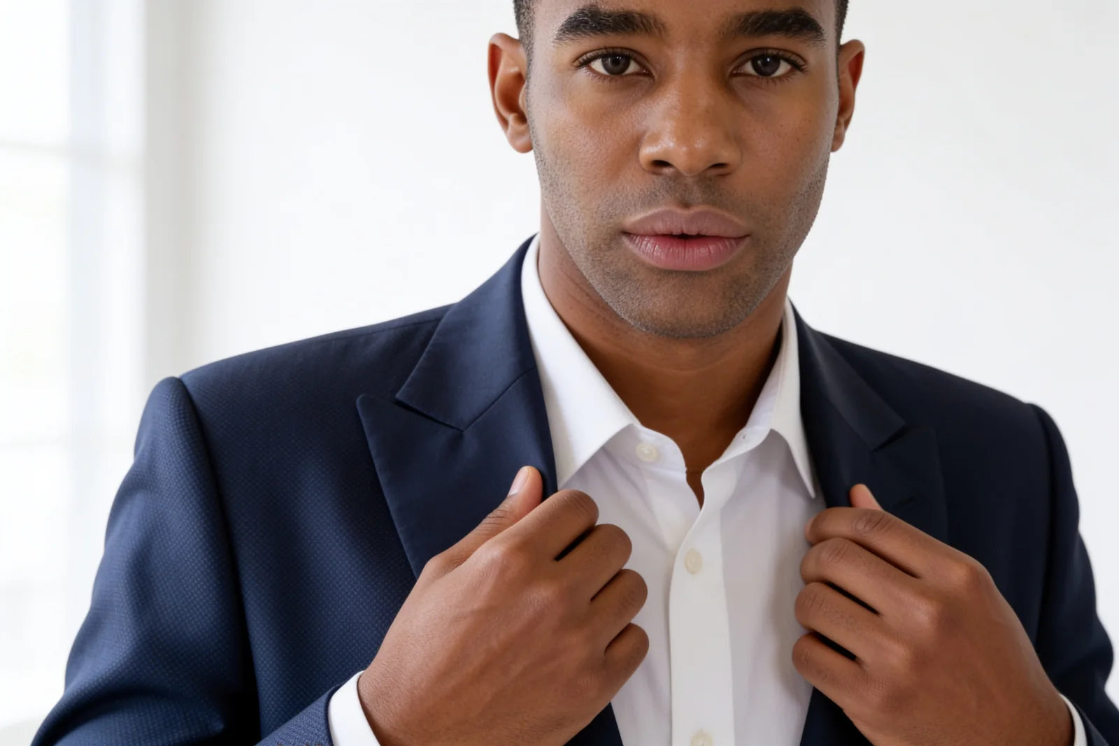 Close view of a well-fitted navy suit