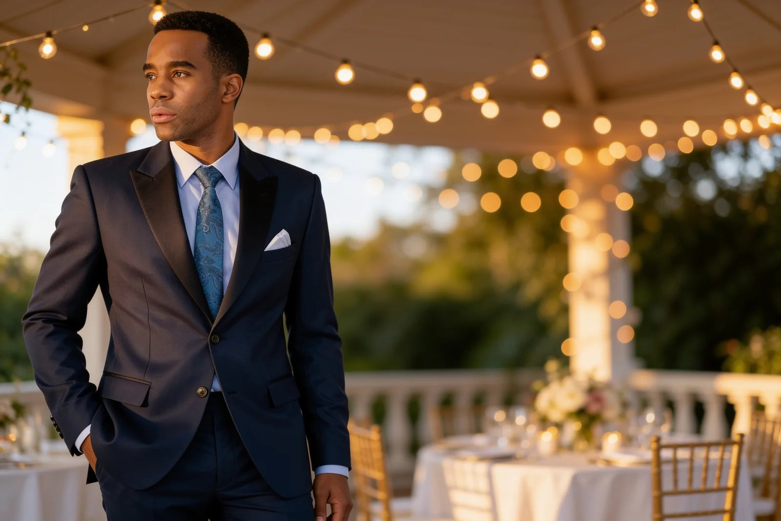 Groomsman in a navy blue suit at an outdoor wedding reception with string lights