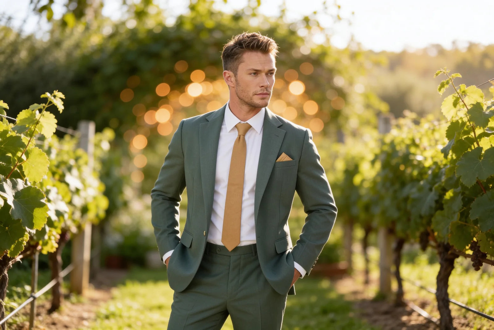 Groomsman in a sage green suit at a sunlit vineyard wedding