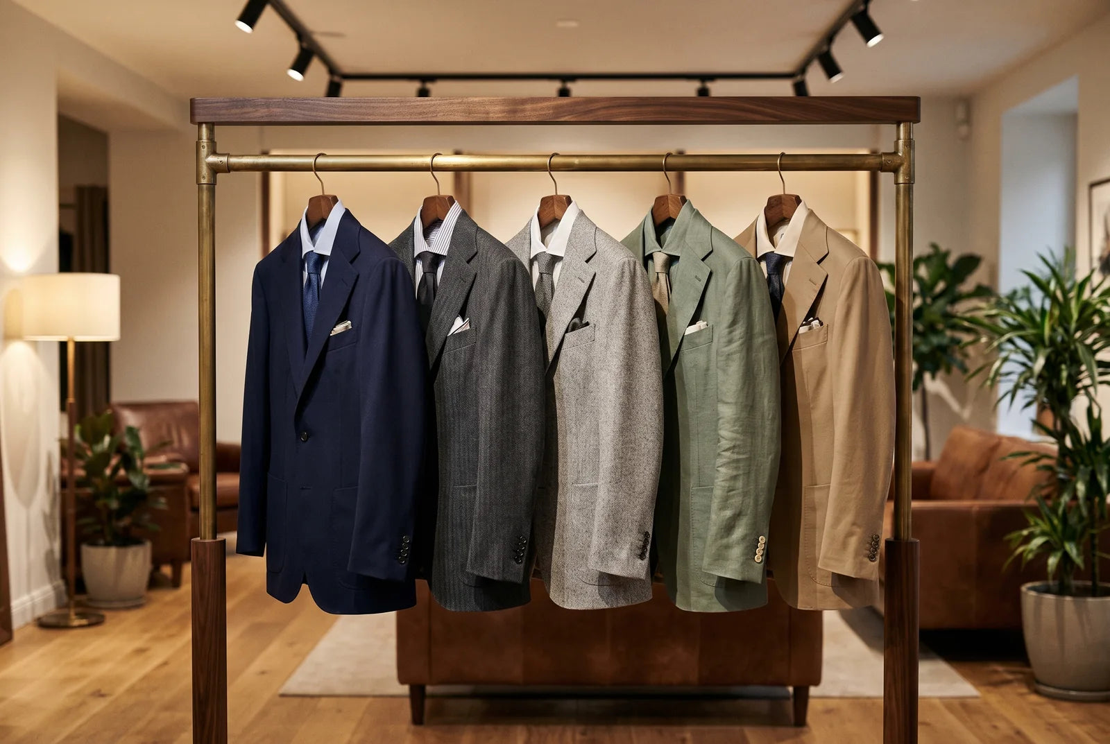 Tailored groomsmen suits in navy, charcoal, grey, sage green, and tan on a boutique rail
