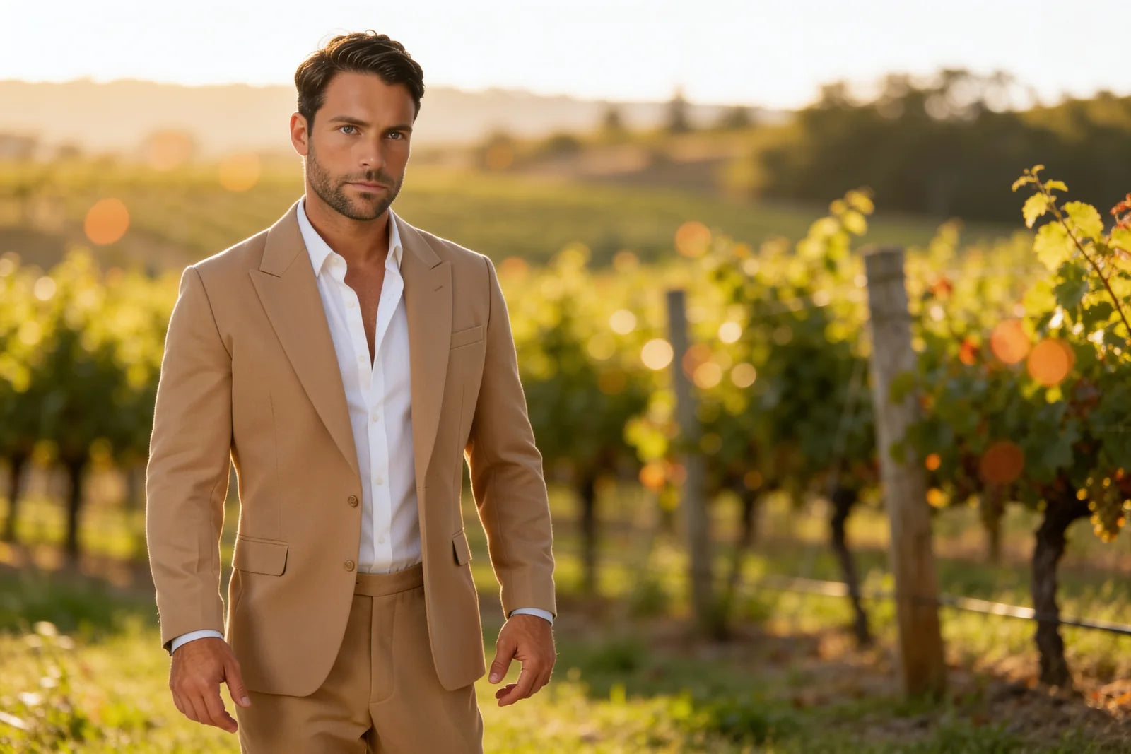 Groomsman in a camel tan suit at a vineyard wedding