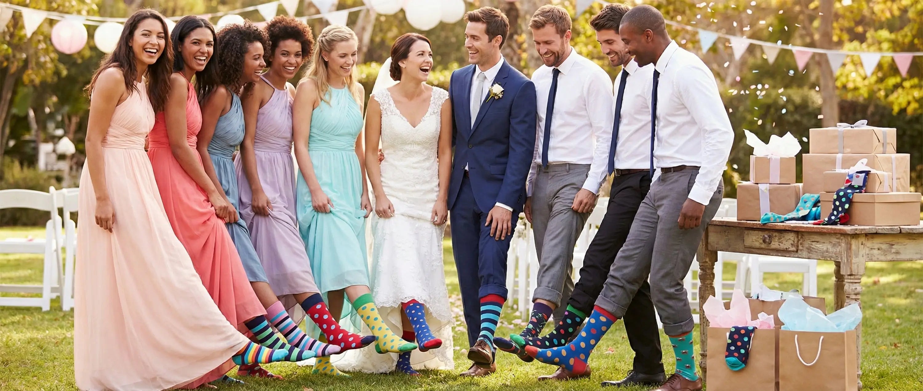 wedding party showing off their socks750