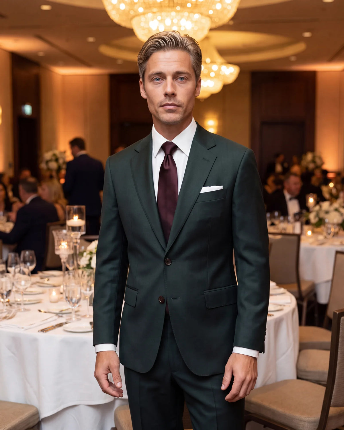 Swap navy for burgundy when the same dark green suit goes to a wedding or a business dinner.