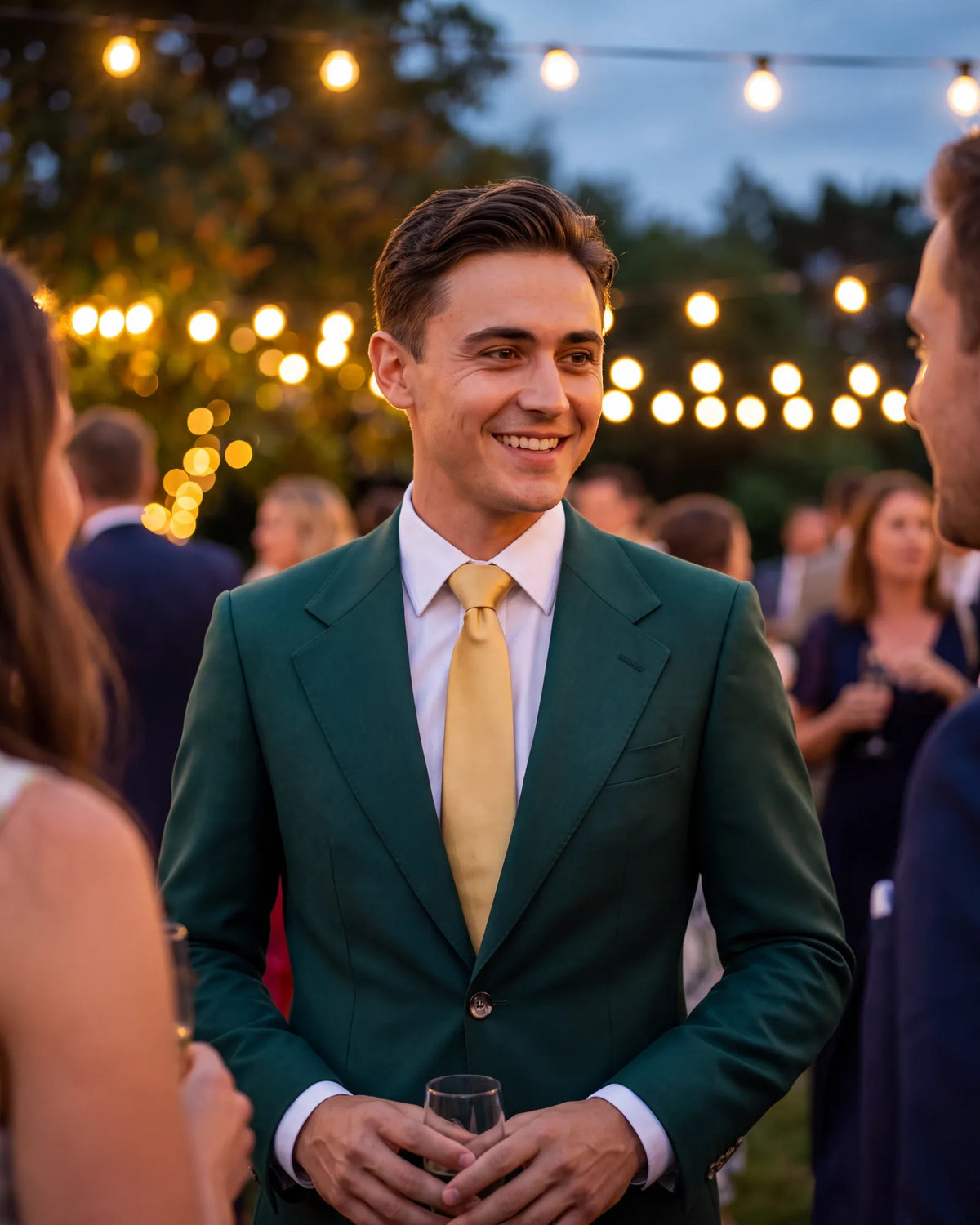 Invited to an evening wedding? Emerald with a white shirt and a gold tie suits the occasion.