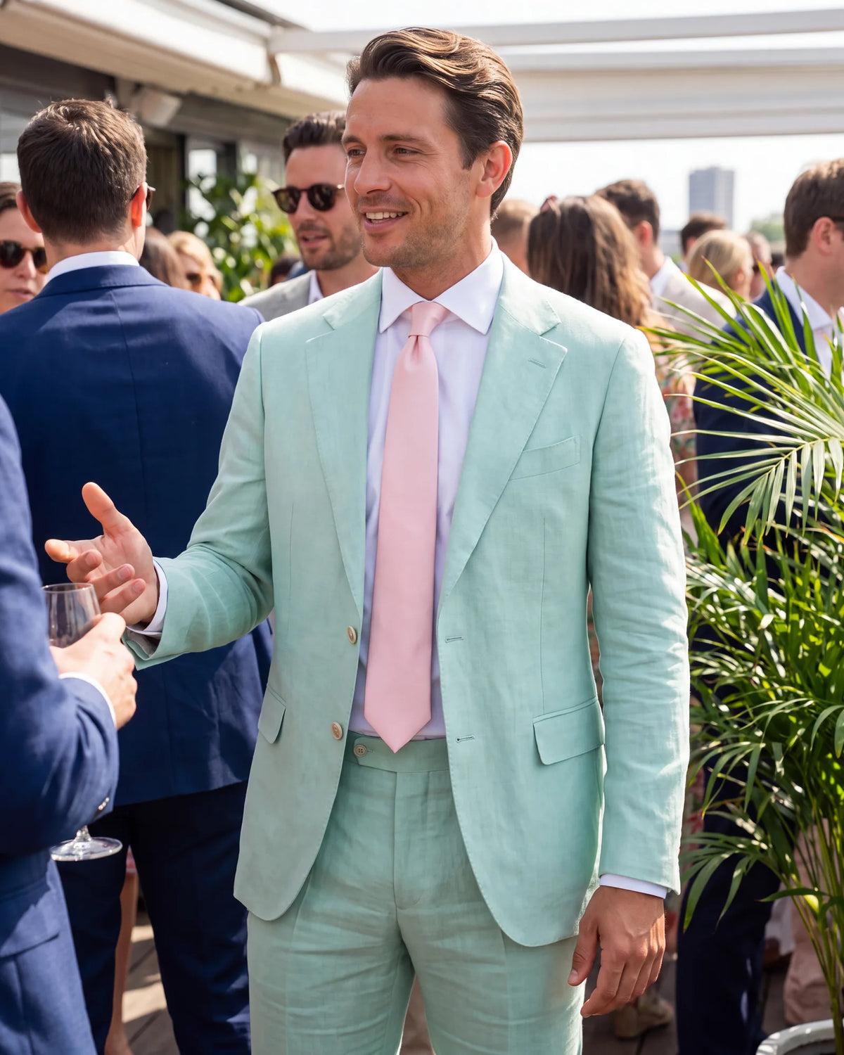 Heading to a summer wedding in mint? Pair soft pink with a white shirt.