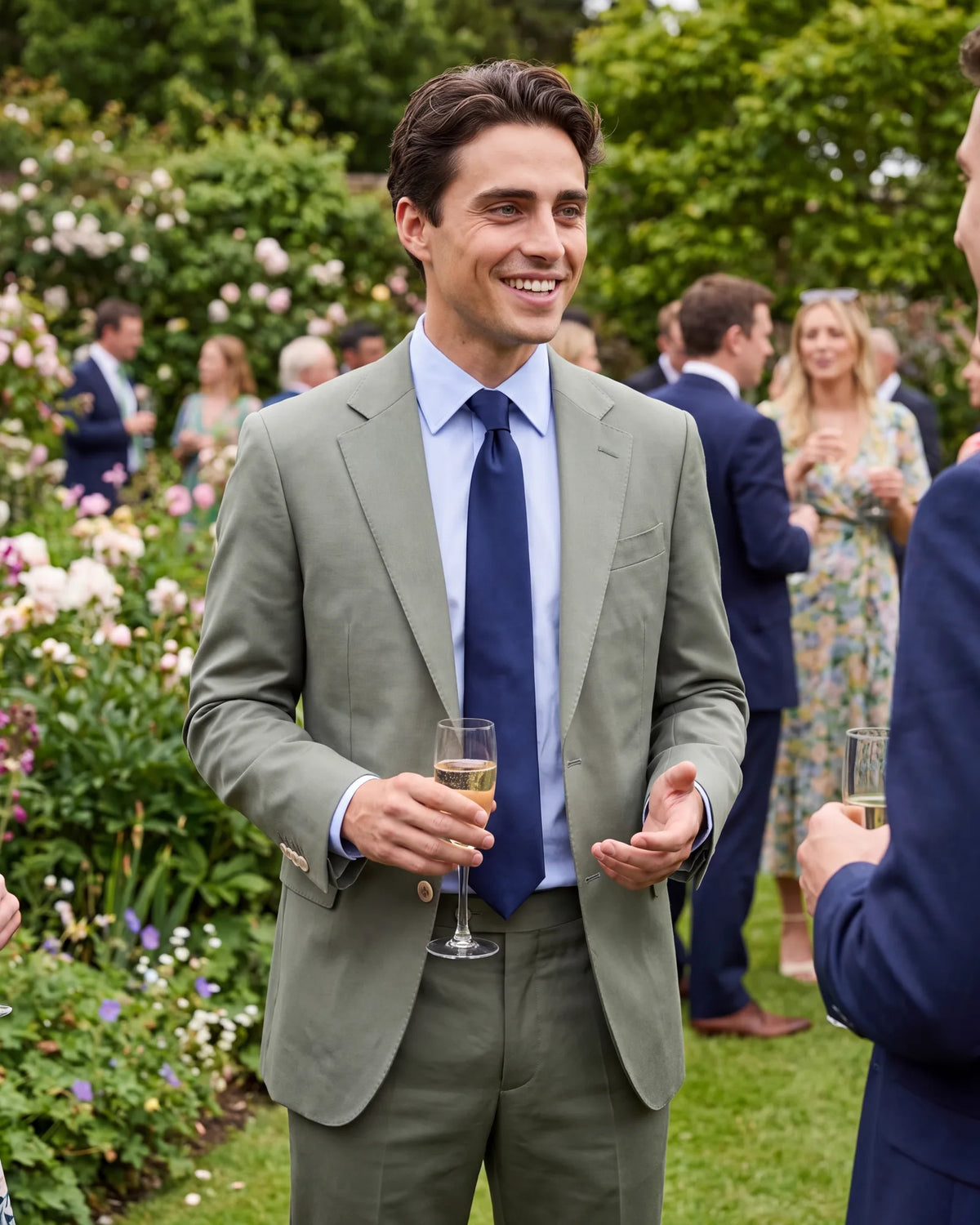 Going to a spring wedding in sage? Pair a navy tie with a light blue shirt for a quieter look.