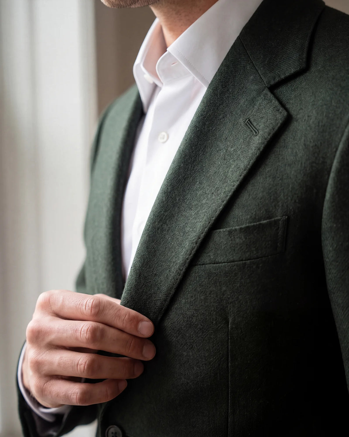Choosing a green suit for fall and winter? Flannel is a brushed wool with a matte finish.