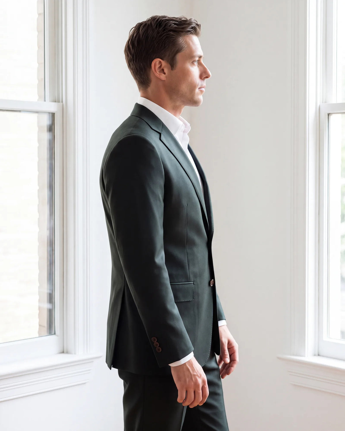 Wearing green? Check that the jacket does not pull at the button, since that can be easier to notice than on navy.