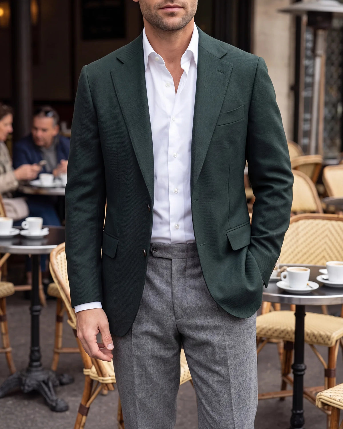 Want more outfits from one suit? Wear the green jacket alone, with gray trousers for a smart-casual day.
