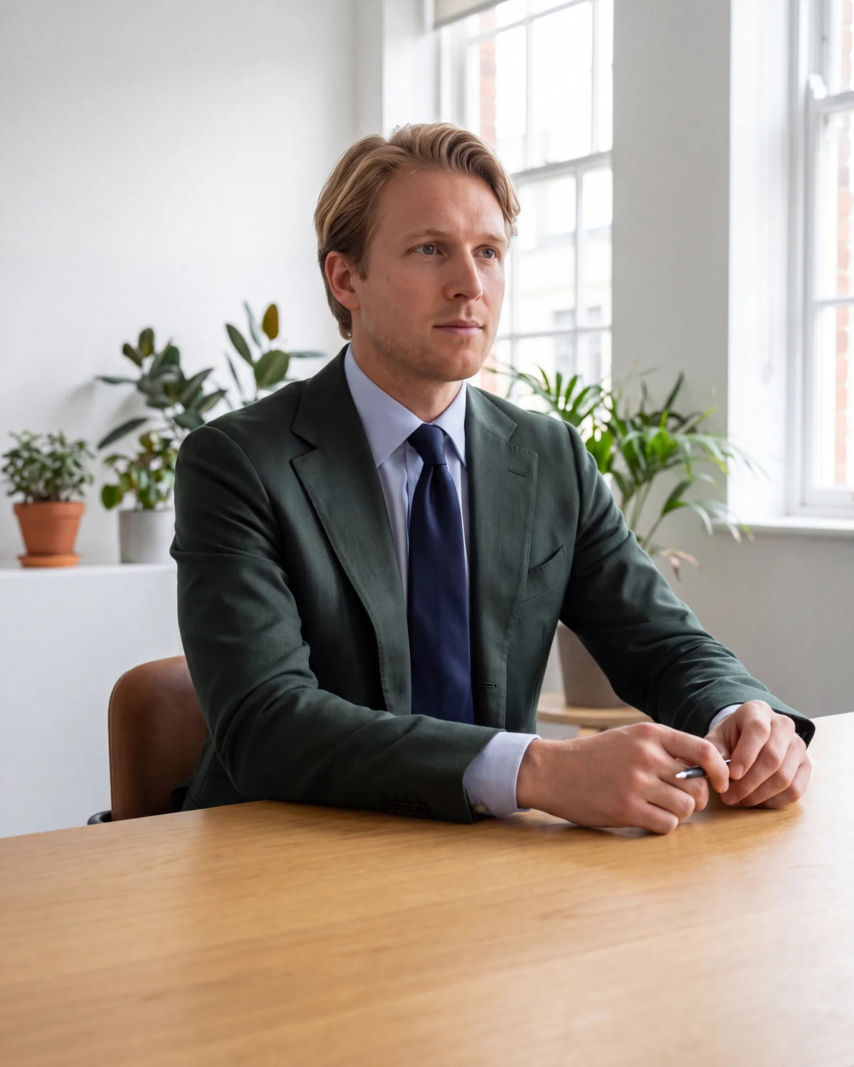 Wearing green to work? Stick to the darker shades and keep the shirt and tie plain.