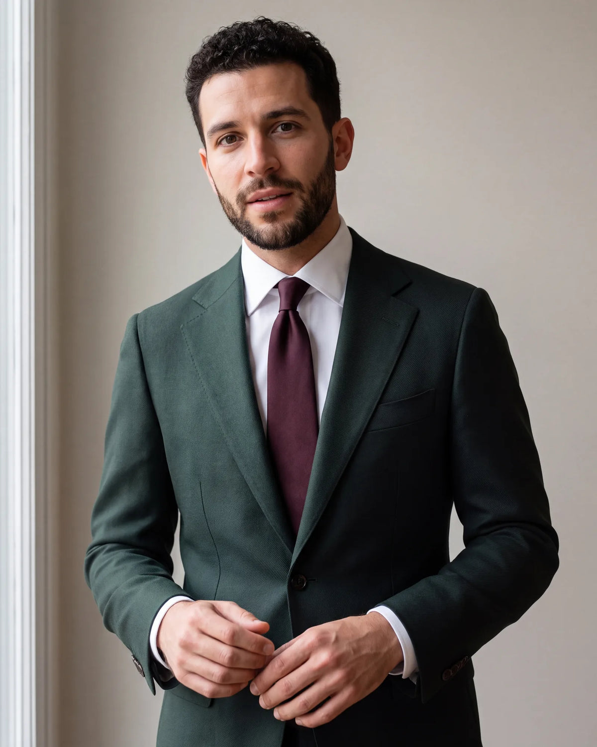 Unsure which shirt to wear? White works with every shade of green and keeps the outfit formal.