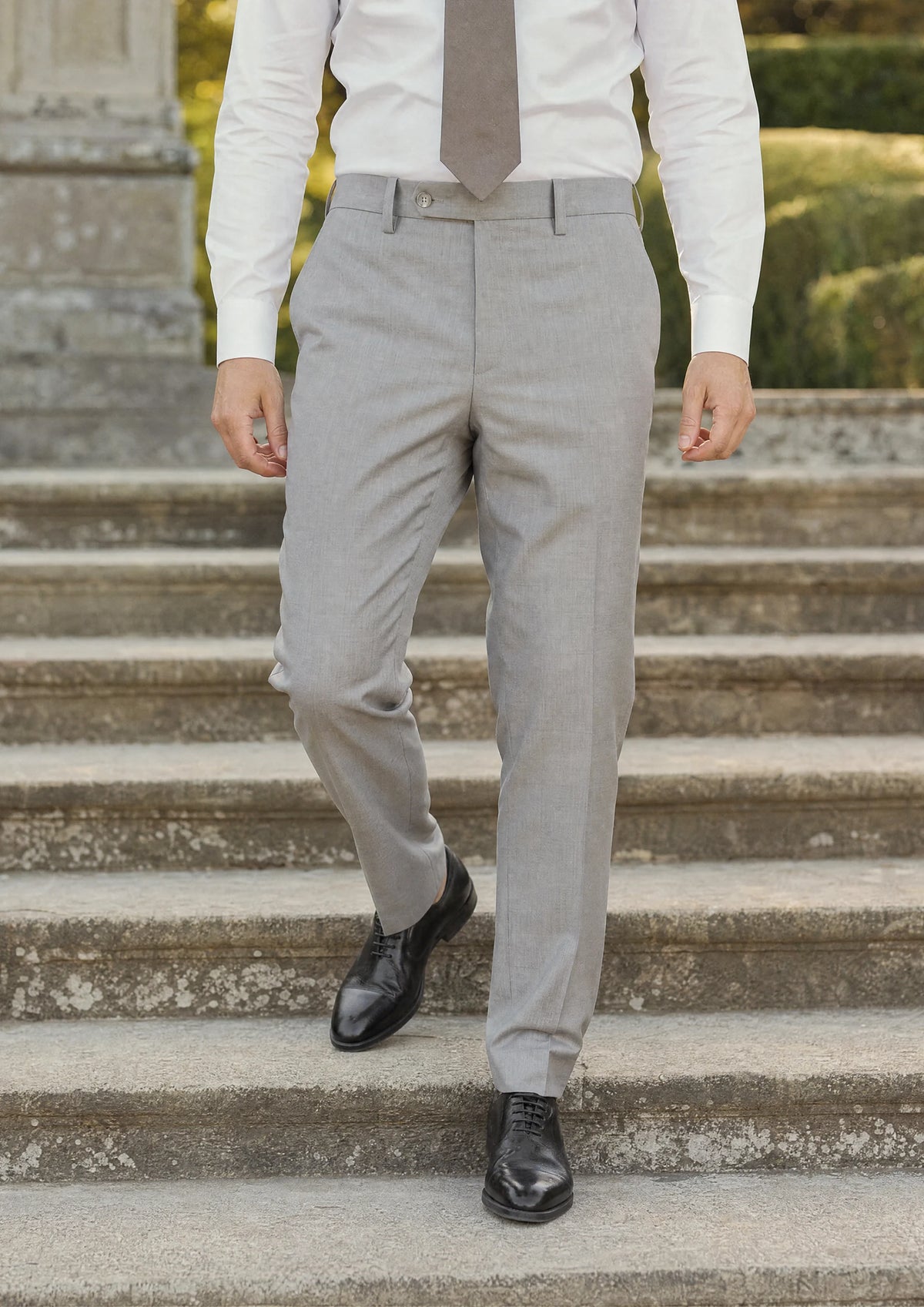 Harbor Grey Sharkskin Pants worn by a model, estate terrace steps952